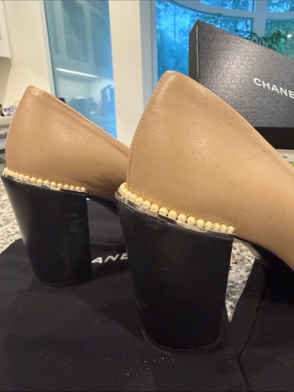 CHANEL Two-Tone Beige Leather Pumps with Black Quilted Cap Toe - Picture 10 of 15
